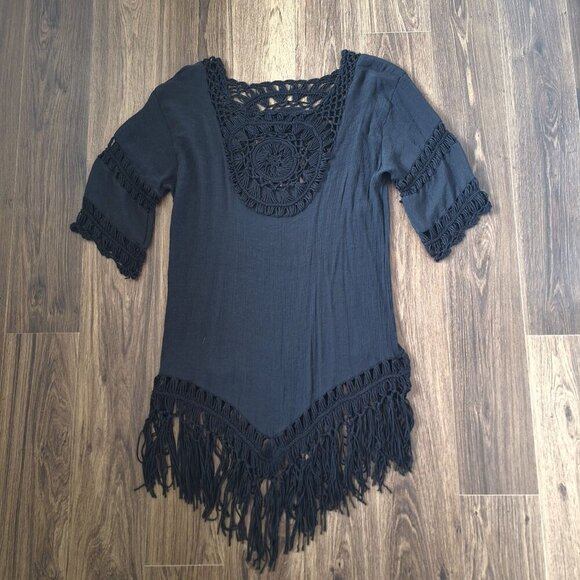 💙 Fringe Crochet Boho Western Swim Cover Up Dress Black Size M/L - Picture 8 of 8